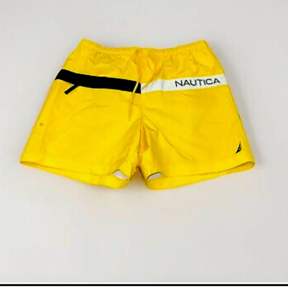 Vintage Nautica Swim Trunks - yellow/navy/white flag spell out lined